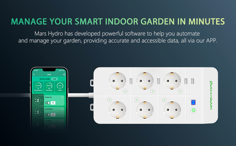 The iHub power strip works in unison with the Mars Hydro APP to help you automate and manage your indoor garden, providing accurate and accessible data, all via your smartphone.